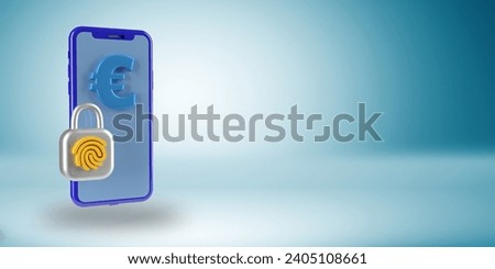 EUR icon on mobile phone screen with security fingerprint padlock, blue background. Minimalist 3D render design, copy space. Forex, stock market, online banking concept. SHOTLISTbanking.
