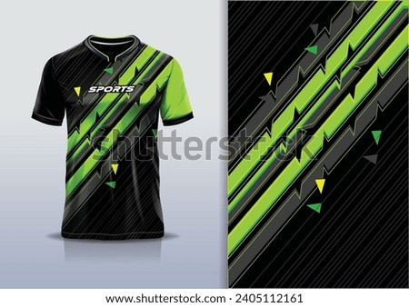 T-shirt mockup with abstract stripe line sport jersey design for football, soccer, racing, esports, running, in green black color