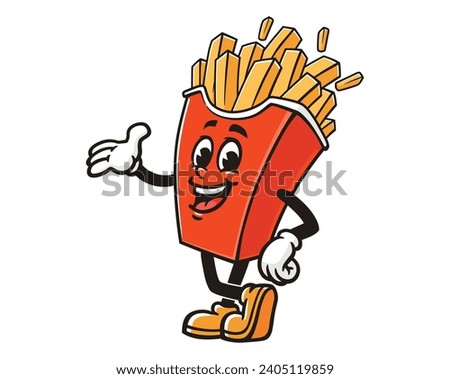 French fries with welcoming hand cartoon mascot illustration character vector clip art