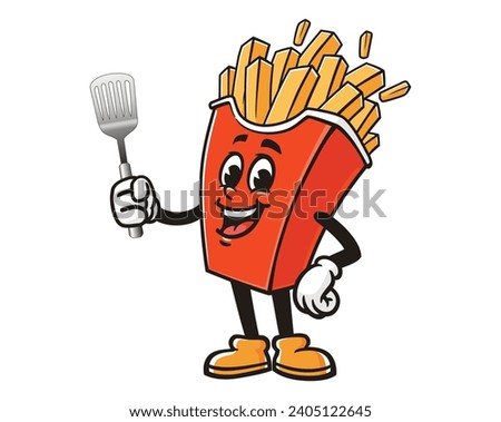 French fries with spatula cartoon mascot illustration character vector clip art