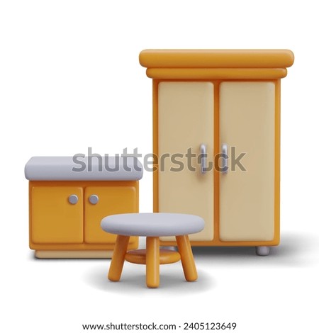 Realistic wooden commode, shelf for clothes, and tea table. Furniture collection for comfort living. Vector illustration in 3d style with white background Royalty-Free Stock Photo #2405123649