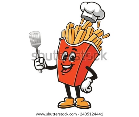French fries with a spatula and wearing a chef's hat cartoon mascot illustration character vector clip art
