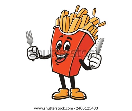 French fries with a fork and knife cartoon mascot illustration character vector clip art