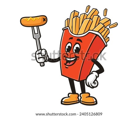 French fries with potato dog or corn dog cartoon mascot illustration character vector clip art