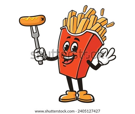 French fries with corn dog cartoon mascot illustration character vector clip art