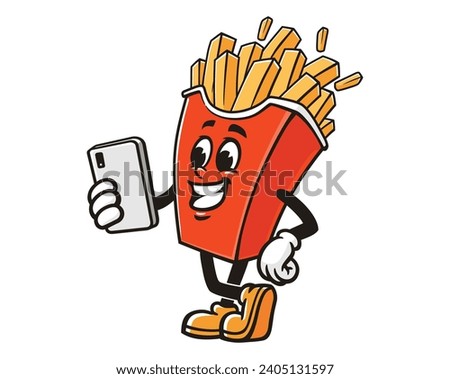 French fries with gadget cartoon mascot illustration character vector clip art