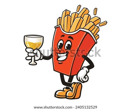 French fries with a glass of drink cartoon mascot illustration character vector clip art
