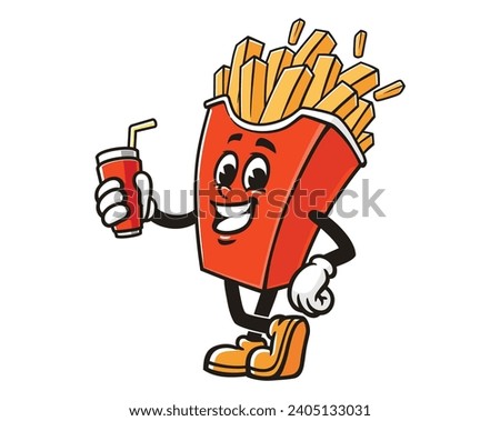 French fries with a drink cartoon mascot illustration character vector clip art