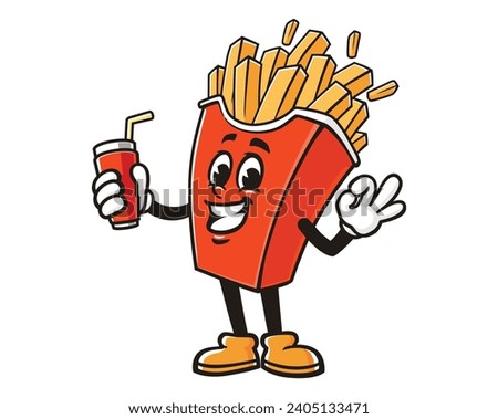 French fries with a drink and okay hand cartoon mascot illustration character vector clip art
