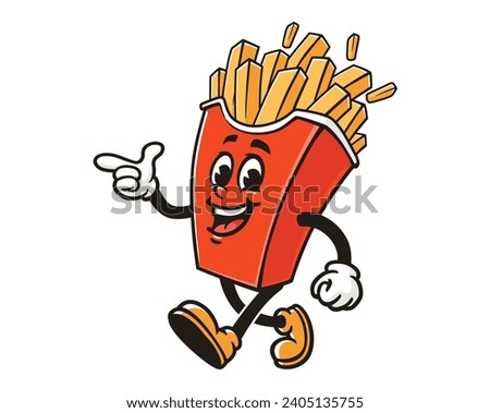 walking French fries with a pointing hand cartoon mascot illustration character vector clip art