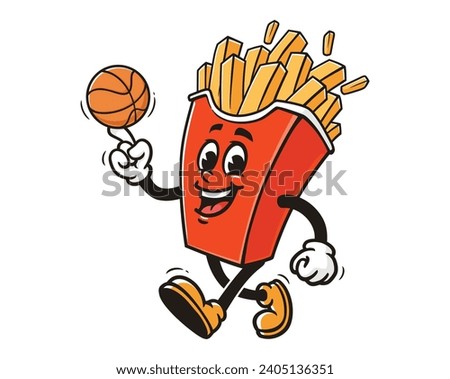 French fries playing basketball cartoon mascot illustration character vector clip art