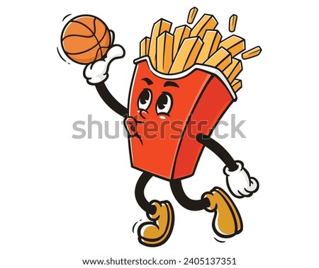 French fries playing basketball slam dunk cartoon mascot illustration character vector clip art