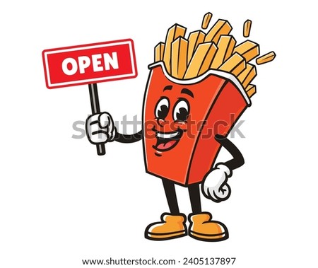 French fries with open sign board cartoon mascot illustration character vector clip art