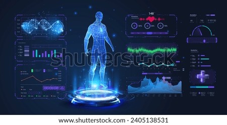 AI doctor. Stage and 3D human hologram with HUD interface. Medical health care of future. Futuristic Human Body Analysis Interface with Holographic Anatomy and Health Data Visualization. Vector Royalty-Free Stock Photo #2405138531