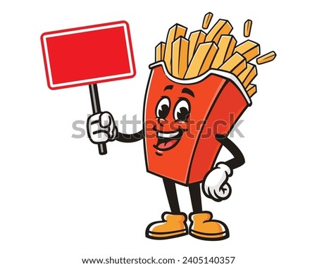 French fries with blank sign board cartoon mascot illustration character vector clip art
