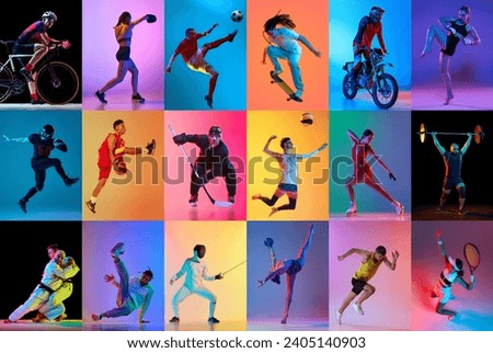 Creative collage, mosaic made of portraits of athletic people professional sportsman training in mixed neon light against multicolored gradient background. Concept of professional sport, motion. Royalty-Free Stock Photo #2405140903