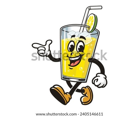walking Glass of Lemon drink lemonade with pointing hand cartoon mascot illustration character vector clip art