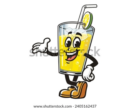 Glass of Lemon drink lemonade welcoming hand pose cartoon mascot illustration character vector clip art