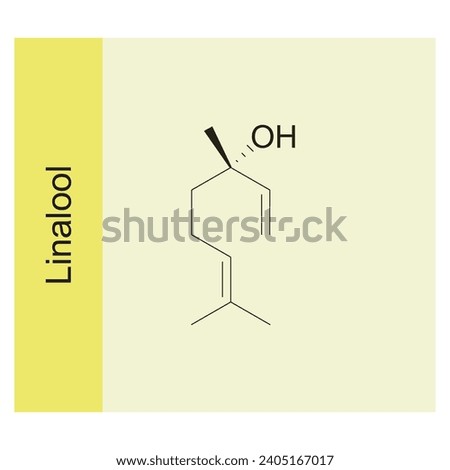 Linalool skeletal structure diagram.Monoterpenoid compound molecule scientific illustration on yellow background. Royalty-Free Stock Photo #2405167017