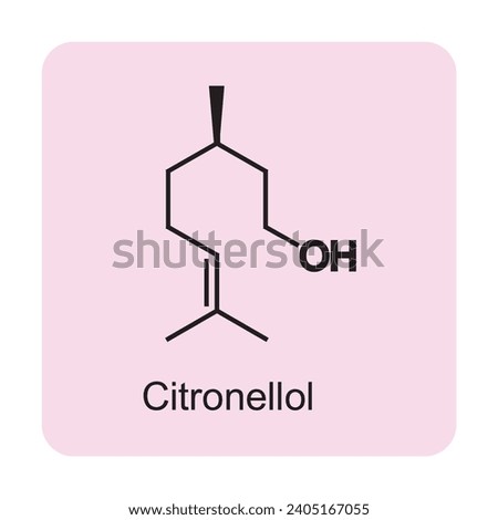 Citronellol skeletal structure diagram.Monoterpenoid compound molecule scientific illustration on pink background. Royalty-Free Stock Photo #2405167055
