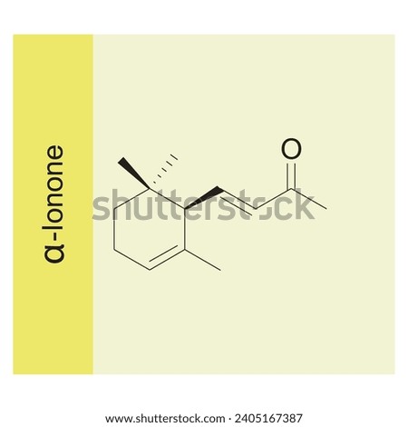 α-Ionone skeletal structure diagram.Monoterpenoid compound molecule scientific illustration on yellow background. Royalty-Free Stock Photo #2405167387