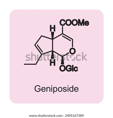 Geniposide skeletal structure diagram.Monoterpenoid compound molecule scientific illustration on pink background. Royalty-Free Stock Photo #2405167389
