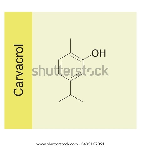 Carvacrol skeletal structure diagram.Monoterpenoid compound molecule scientific illustration on yellow background. Royalty-Free Stock Photo #2405167391