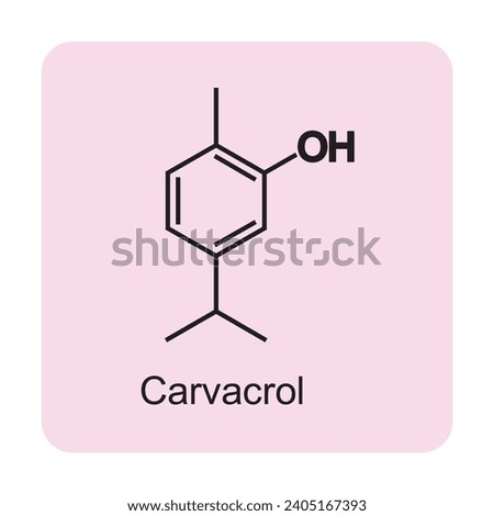 Carvacrol skeletal structure diagram.Monoterpenoid compound molecule scientific illustration on pink background. Royalty-Free Stock Photo #2405167393