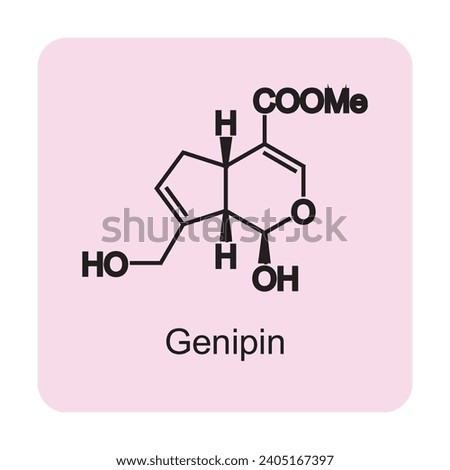 Genipin skeletal structure diagram.Monoterpenoid compound molecule scientific illustration on pink background. Royalty-Free Stock Photo #2405167397