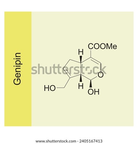Genipin skeletal structure diagram.Monoterpenoid compound molecule scientific illustration on yellow background. Royalty-Free Stock Photo #2405167413
