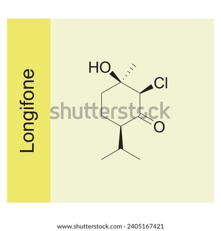Longifone skeletal structure diagram.Monoterpenoid compound molecule scientific illustration on yellow background. Royalty-Free Stock Photo #2405167421