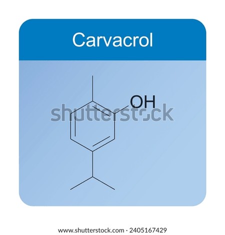 Carvacrol skeletal structure diagram.Monoterpenoid compound molecule scientific illustration on blue background. Royalty-Free Stock Photo #2405167429