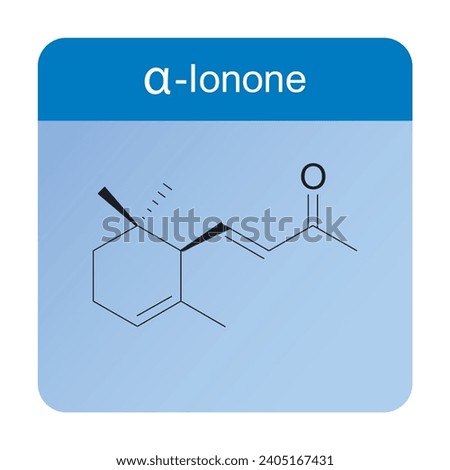 α-Ionone skeletal structure diagram.Monoterpenoid compound molecule scientific illustration on blue background. Royalty-Free Stock Photo #2405167431