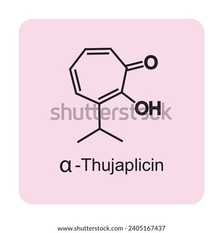 α-Thujaplicin skeletal structure diagram.Monoterpenoid compound molecule scientific illustration on pink background. Royalty-Free Stock Photo #2405167437