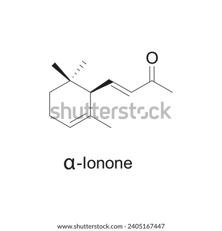 α-Ionone skeletal structure diagram.Monoterpenoid compound molecule scientific illustration on white background. Royalty-Free Stock Photo #2405167447