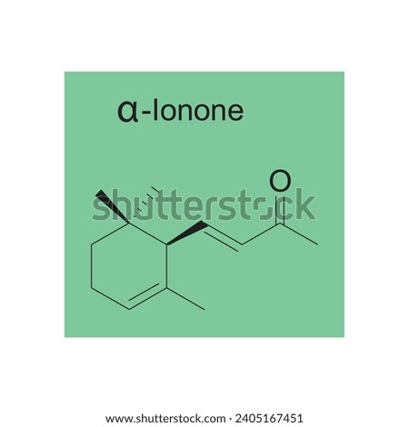 α-Ionone skeletal structure diagram.Monoterpenoid compound molecule scientific illustration on green background. Royalty-Free Stock Photo #2405167451