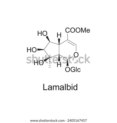 Lamalbid skeletal structure diagram.Monoterpenoid compound molecule scientific illustration on white background. Royalty-Free Stock Photo #2405167457