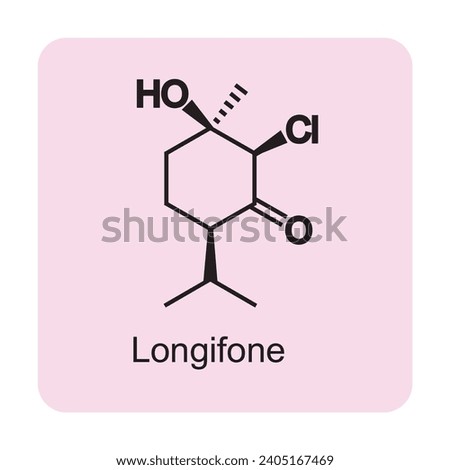 Longifone skeletal structure diagram.Monoterpenoid compound molecule scientific illustration on pink background. Royalty-Free Stock Photo #2405167469