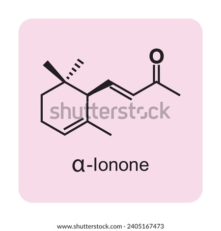 α-Ionone skeletal structure diagram.Monoterpenoid compound molecule scientific illustration on pink background. Royalty-Free Stock Photo #2405167473
