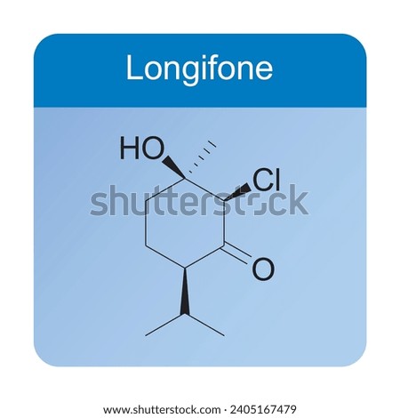Longifone skeletal structure diagram.Monoterpenoid compound molecule scientific illustration on blue background. Royalty-Free Stock Photo #2405167479