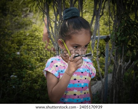 AI photo filter effect of little cute girl with wearing black eyeglass in park.
