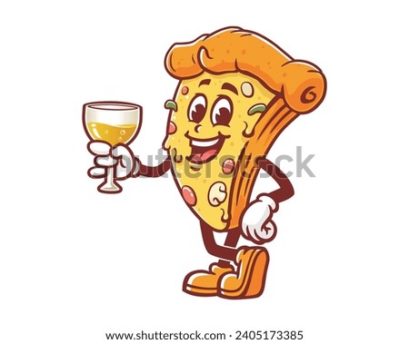 Pizza with a glass of a drink cartoon mascot illustration character vector clip art