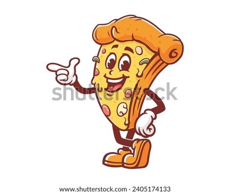 Pizza with pointing hand cartoon mascot illustration character vector clip art
