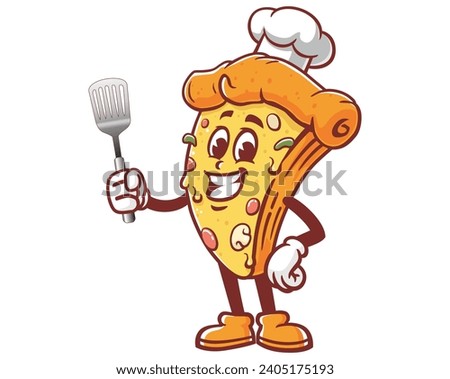 Pizza with spatula and wearing a chef's hat cartoon mascot illustration character vector clip art