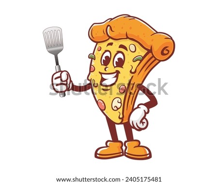 Pizza with spatula cartoon mascot illustration character vector clip art