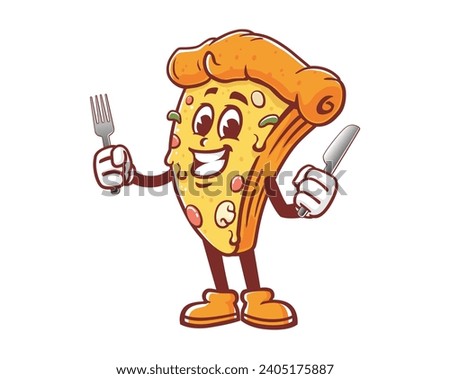Pizza with a fork and knife cartoon mascot illustration character vector clip art