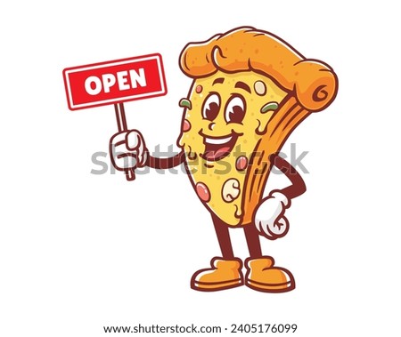 Pizza with open sign board cartoon mascot illustration character vector clip art