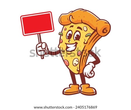 Pizza with blank sign board cartoon mascot illustration character vector clip art