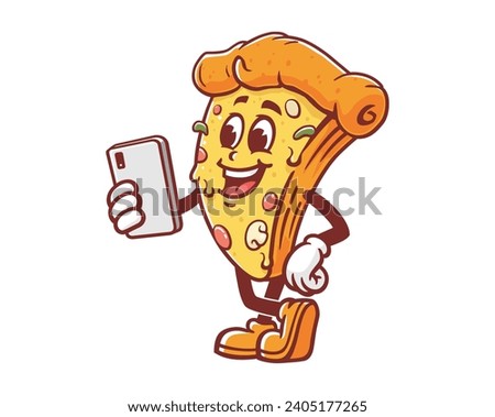 Pizza with gadget cartoon mascot illustration character vector clip art