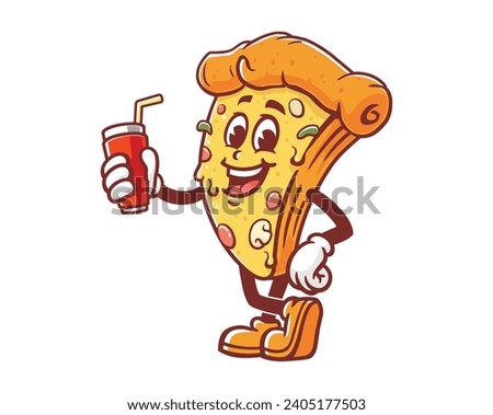 Pizza with a drink cartoon mascot illustration character vector clip art